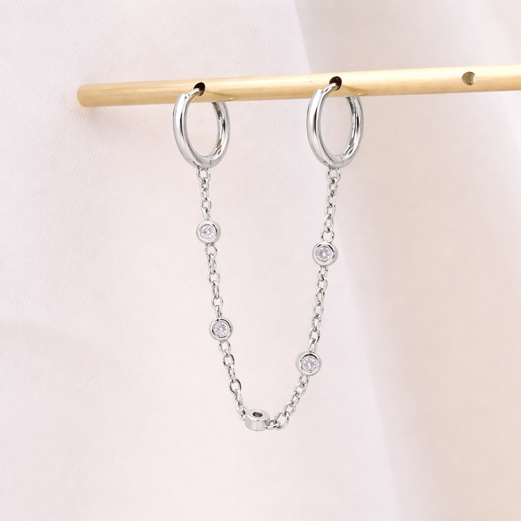 Double Huggie Hoop Chain Dangle Single Earrings E057