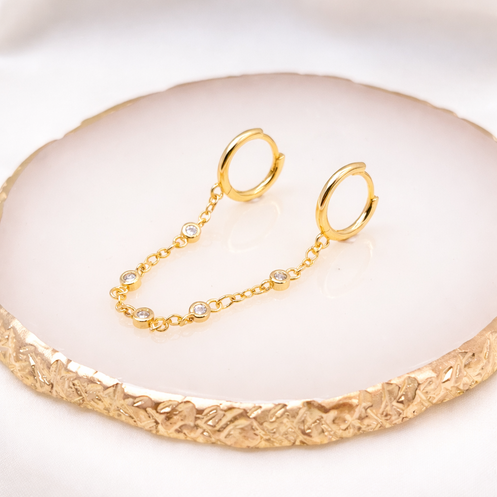 Double Huggie Hoop Chain Dangle Single Earrings E057