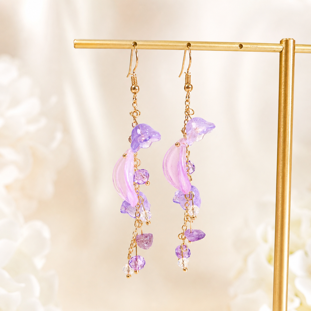 Purple Flower Crystal Dangle Earrings for Women E196