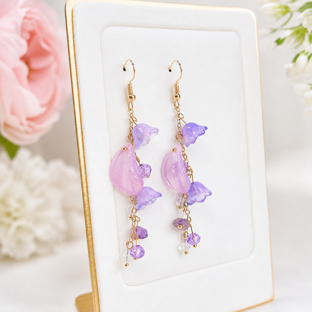 Purple Flower Crystal Dangle Earrings for Women E196