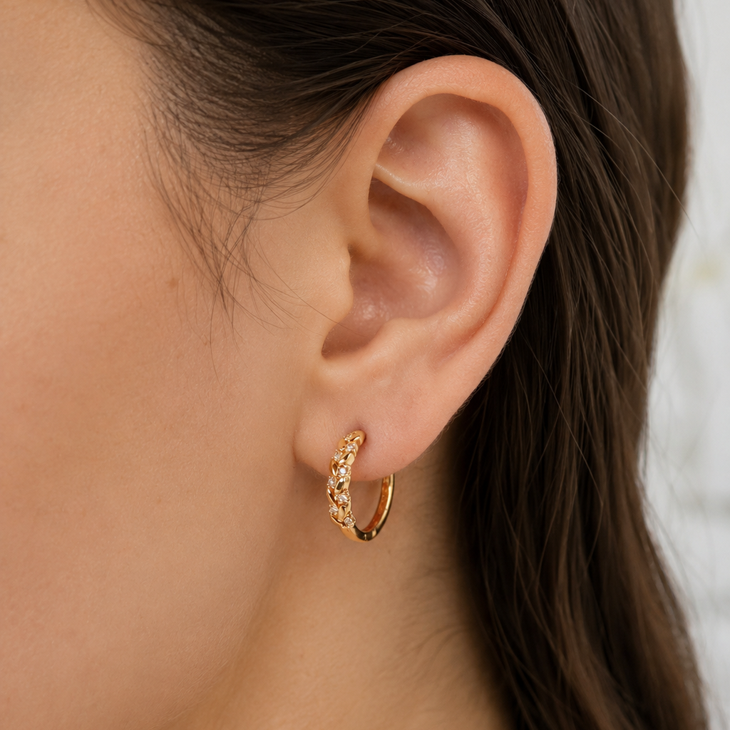 Gold Crystal Leaf Link Huggie Hoop Earrings E285