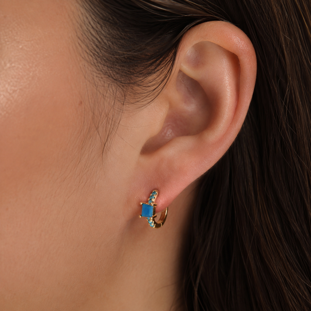 Gold Turquoise Baguette Huggie Hoop Earrings E282