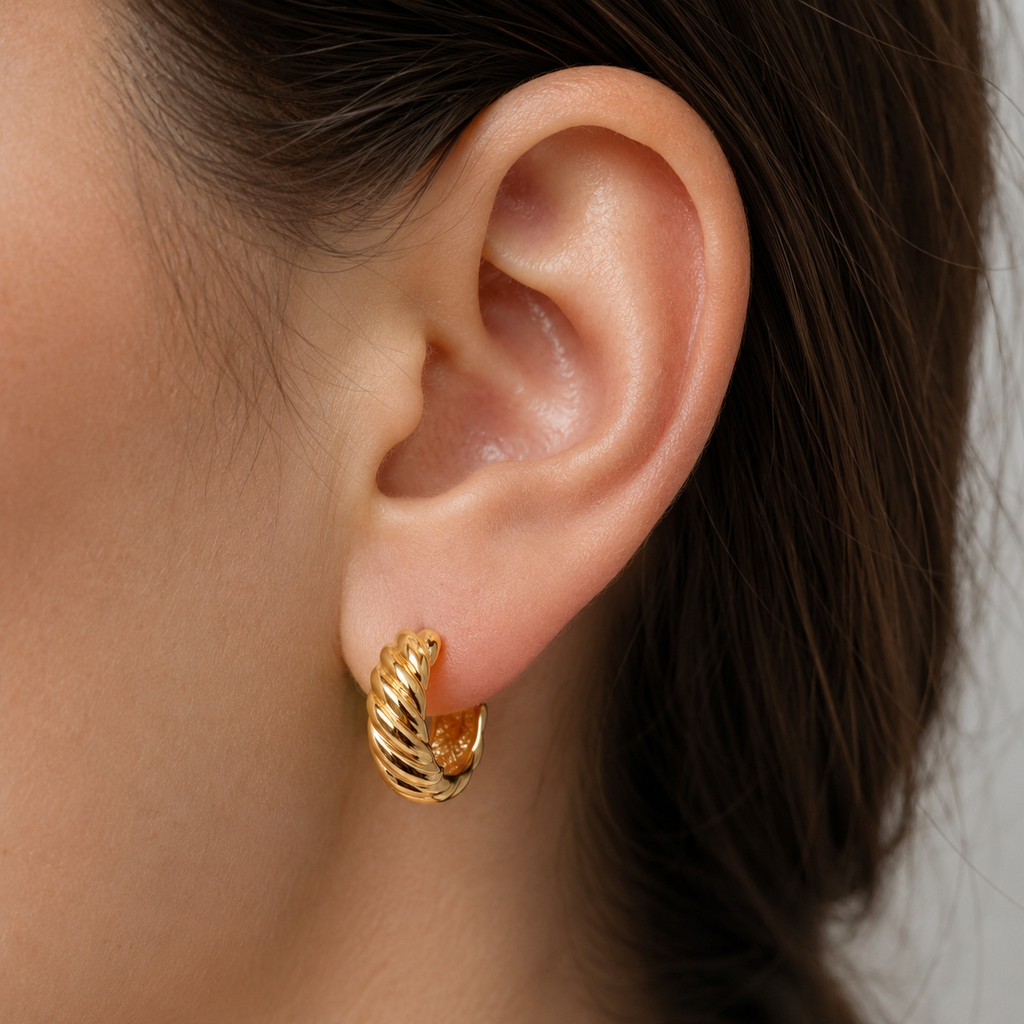 Gold Twisted Croissant Chunky Huggie Hoop Earrings E284