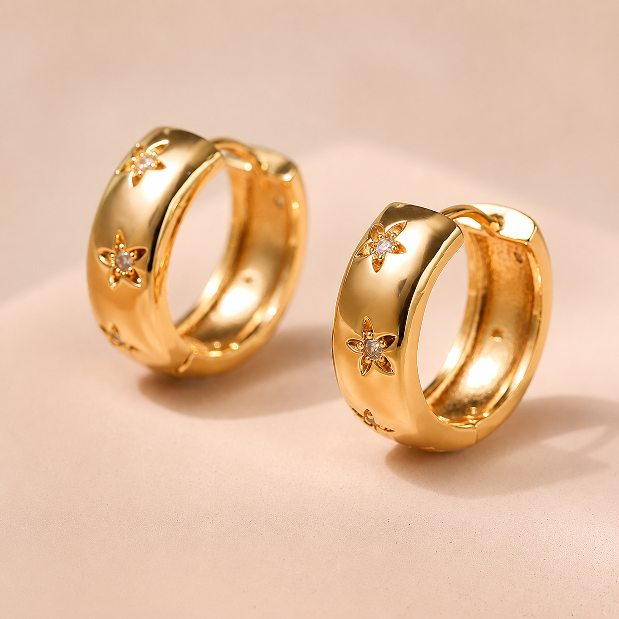 Gold Crystal Flower Wide Huggie Hoop Earrings E287