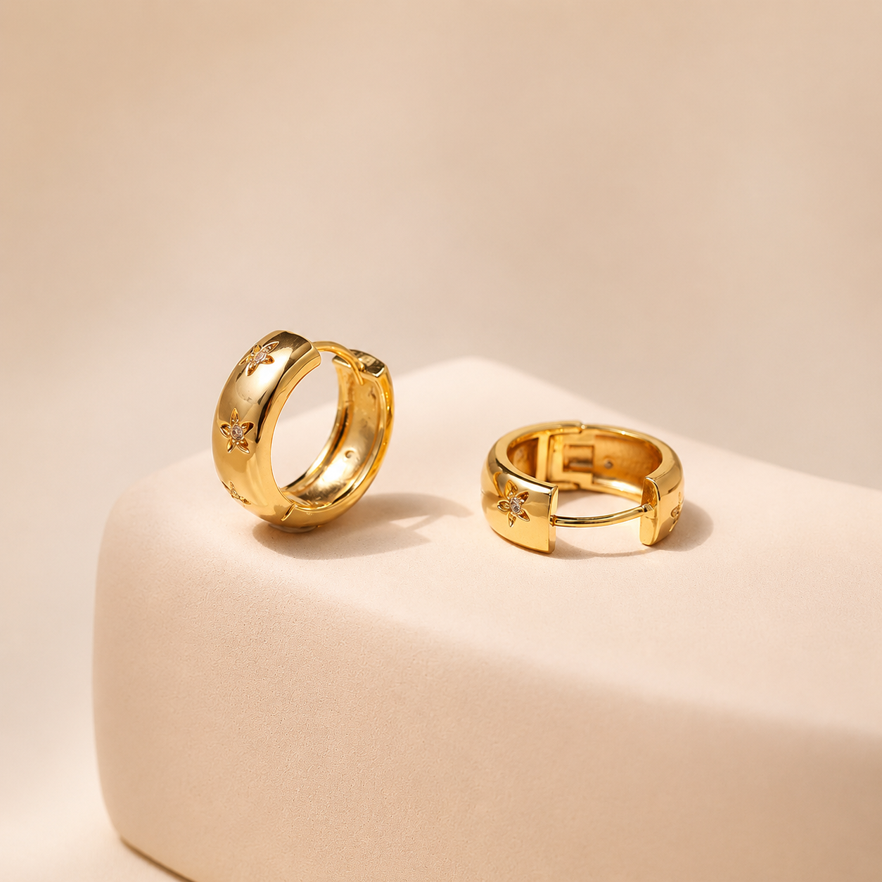 Gold Crystal Flower Wide Huggie Hoop Earrings E287