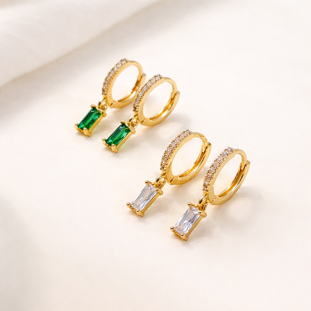 Gold Baguette CZ Drop Pave Huggie Hoop Earrings For Women E143