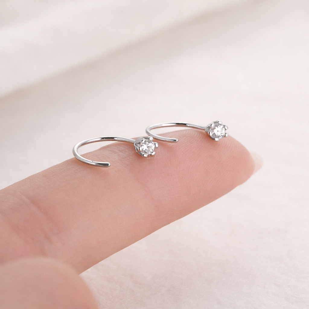 Dainty CZ Solitaire C Shape Open Hoop Women Earrings E141