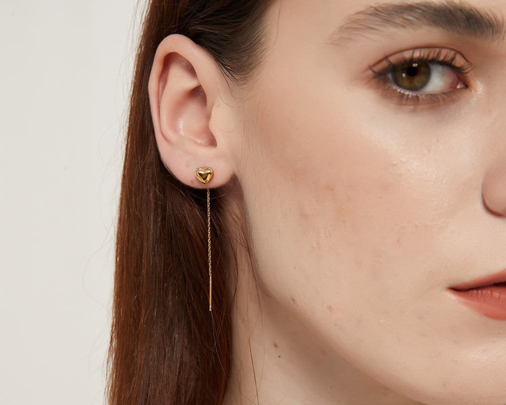 Daisy Gold heart Threader Dangle Long Drop Earrings