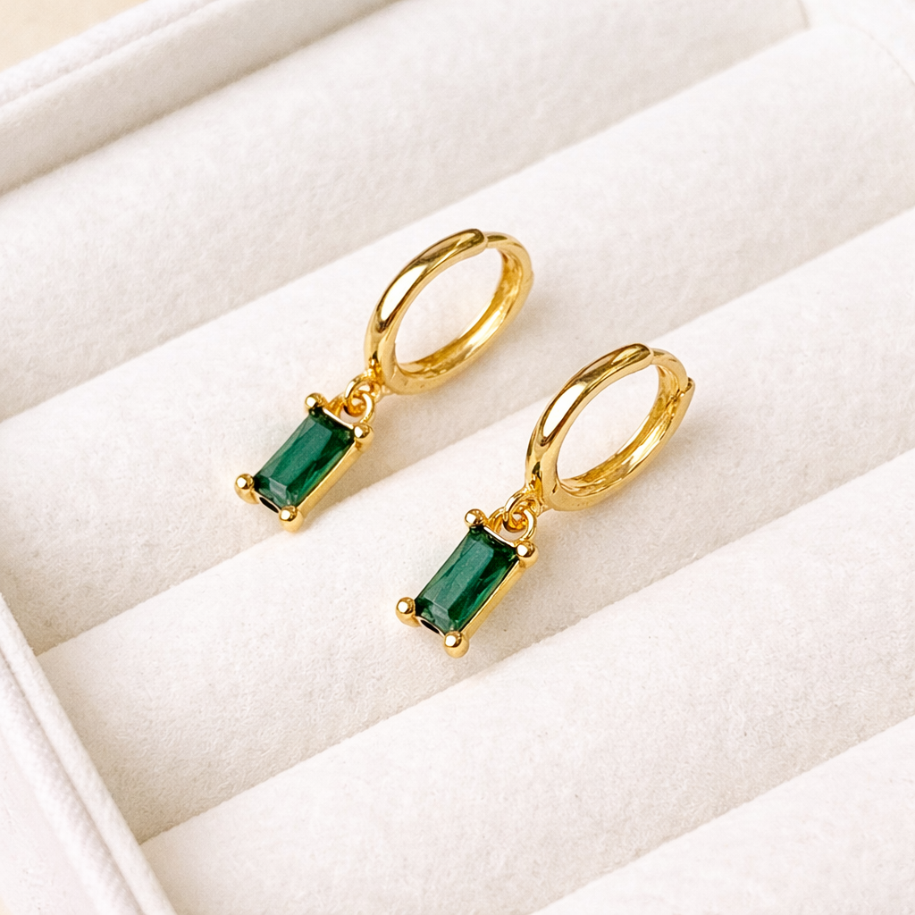 Gold Emerald Green Baguette Drop Huggie Hoop Earrings For Women E150