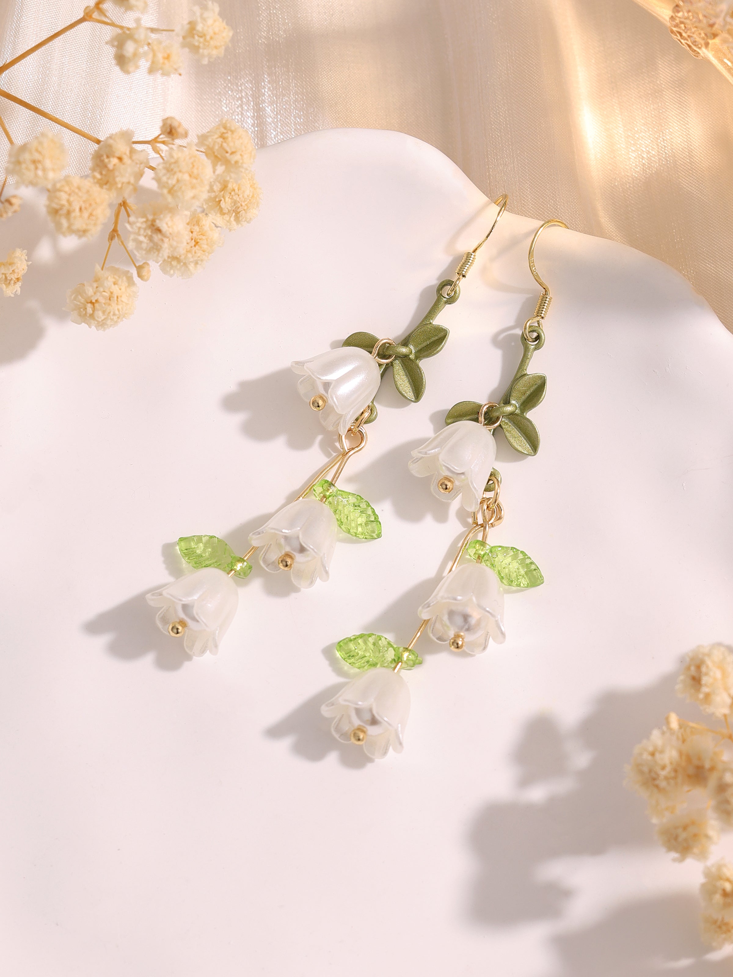 Double white lily of the valley flower dangle earrings E261