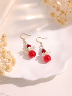 Red glass beads & flower dangle earrings E267