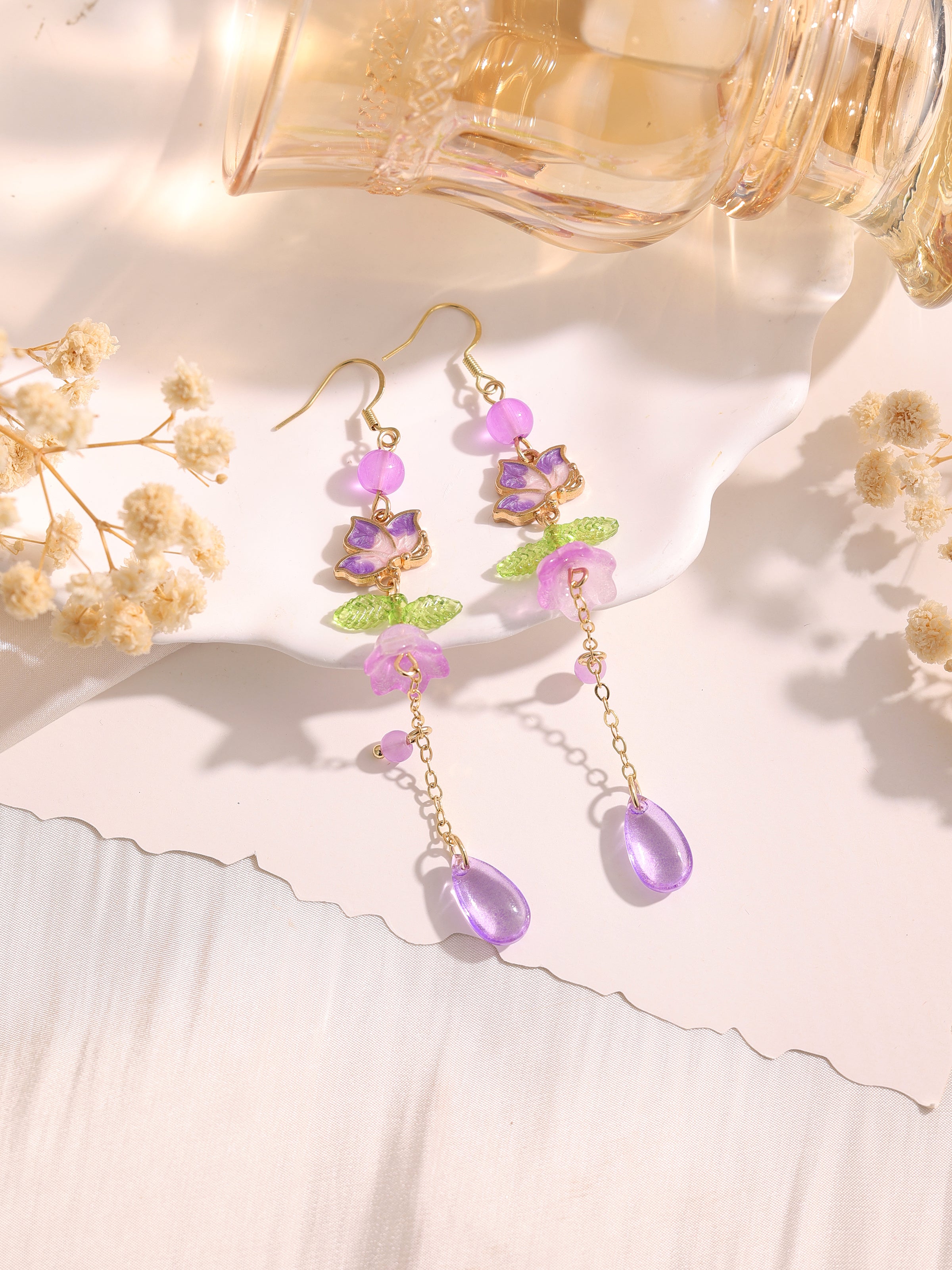 Purple lily flower & butterfly dangle earrings E269