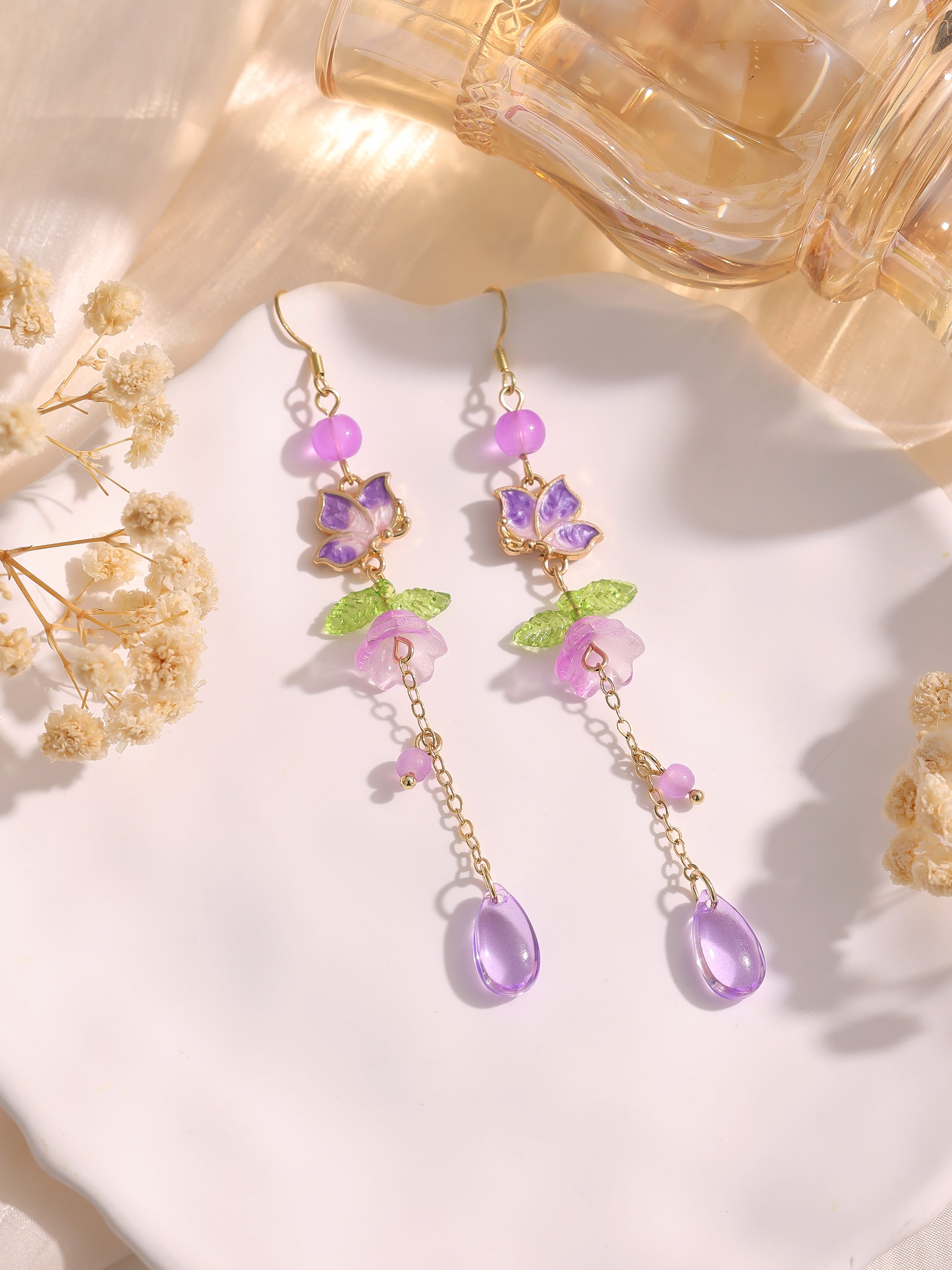 Purple lily flower & butterfly dangle earrings E269
