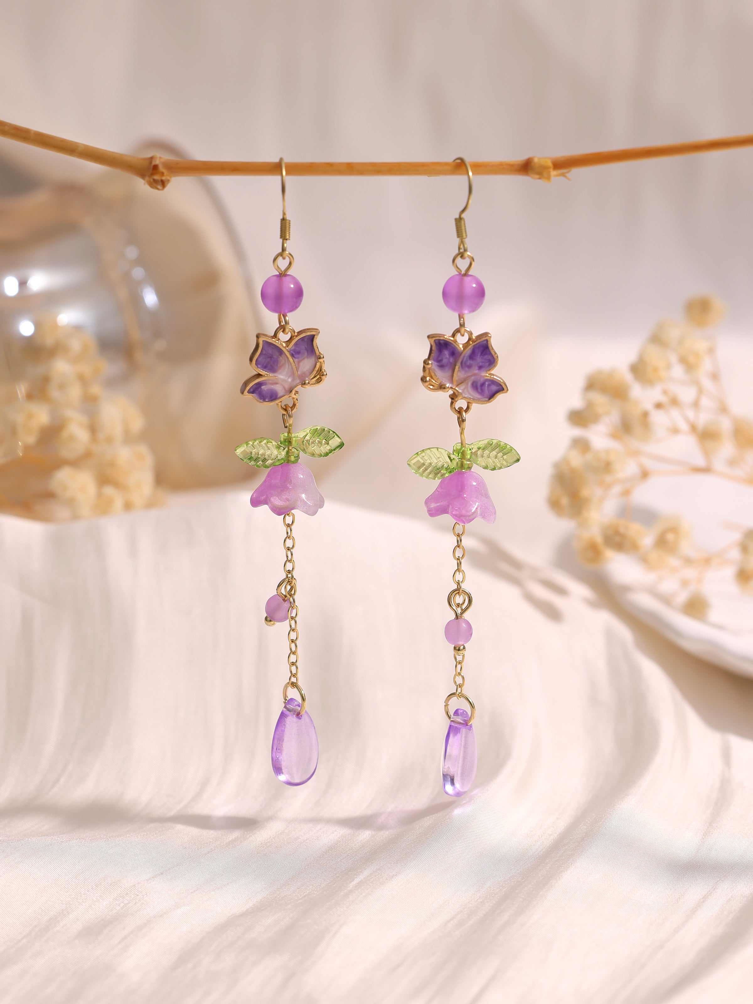 Purple lily flower & butterfly dangle earrings E269