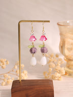 Purple glass flower & pearl beads dangle earrings E266