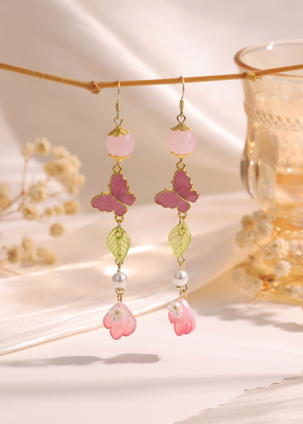 Crystal bead Butterfly Flower Pearl Dangle Earrings E264