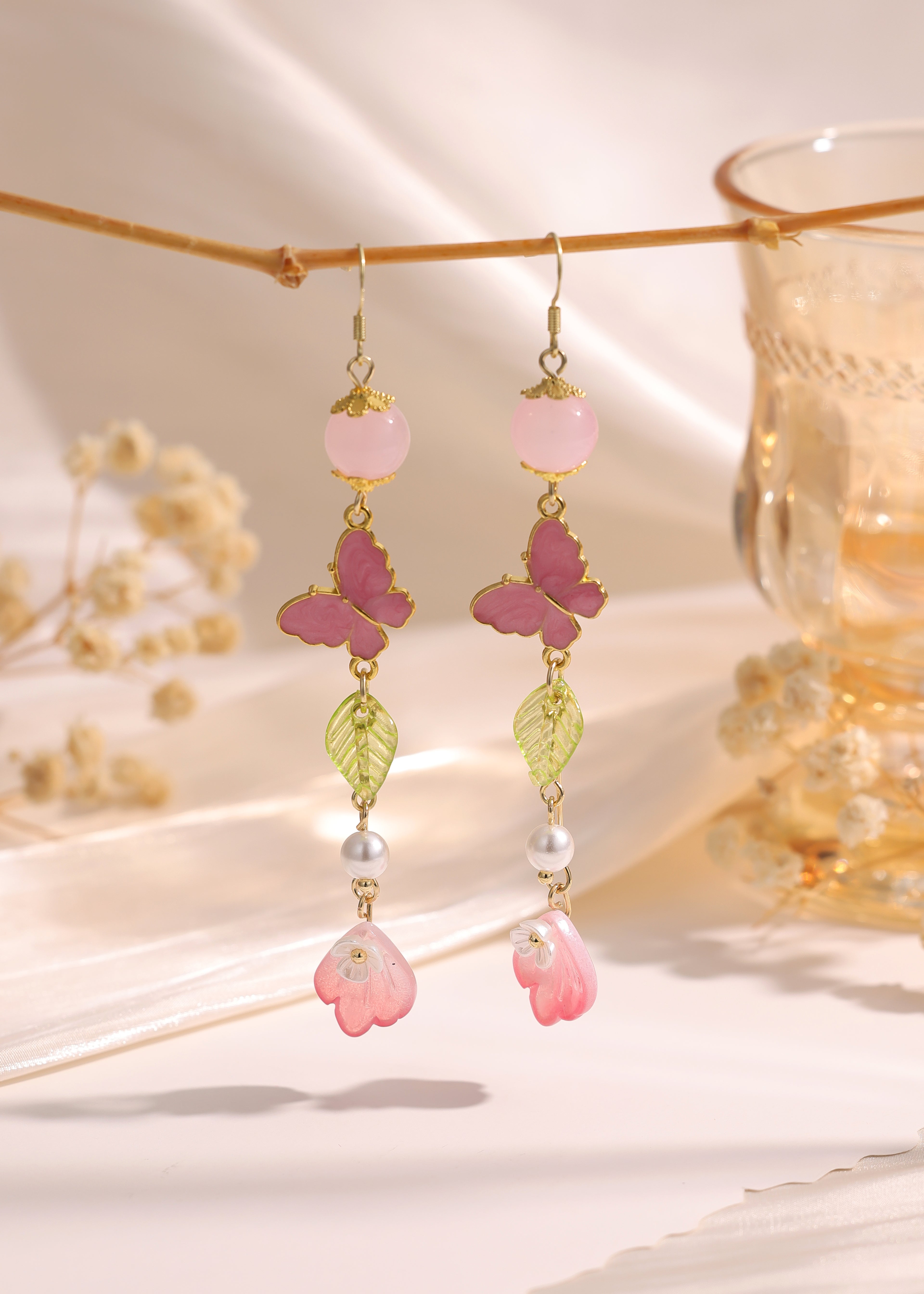 Crystal bead Butterfly Flower Pearl Dangle Earrings E264