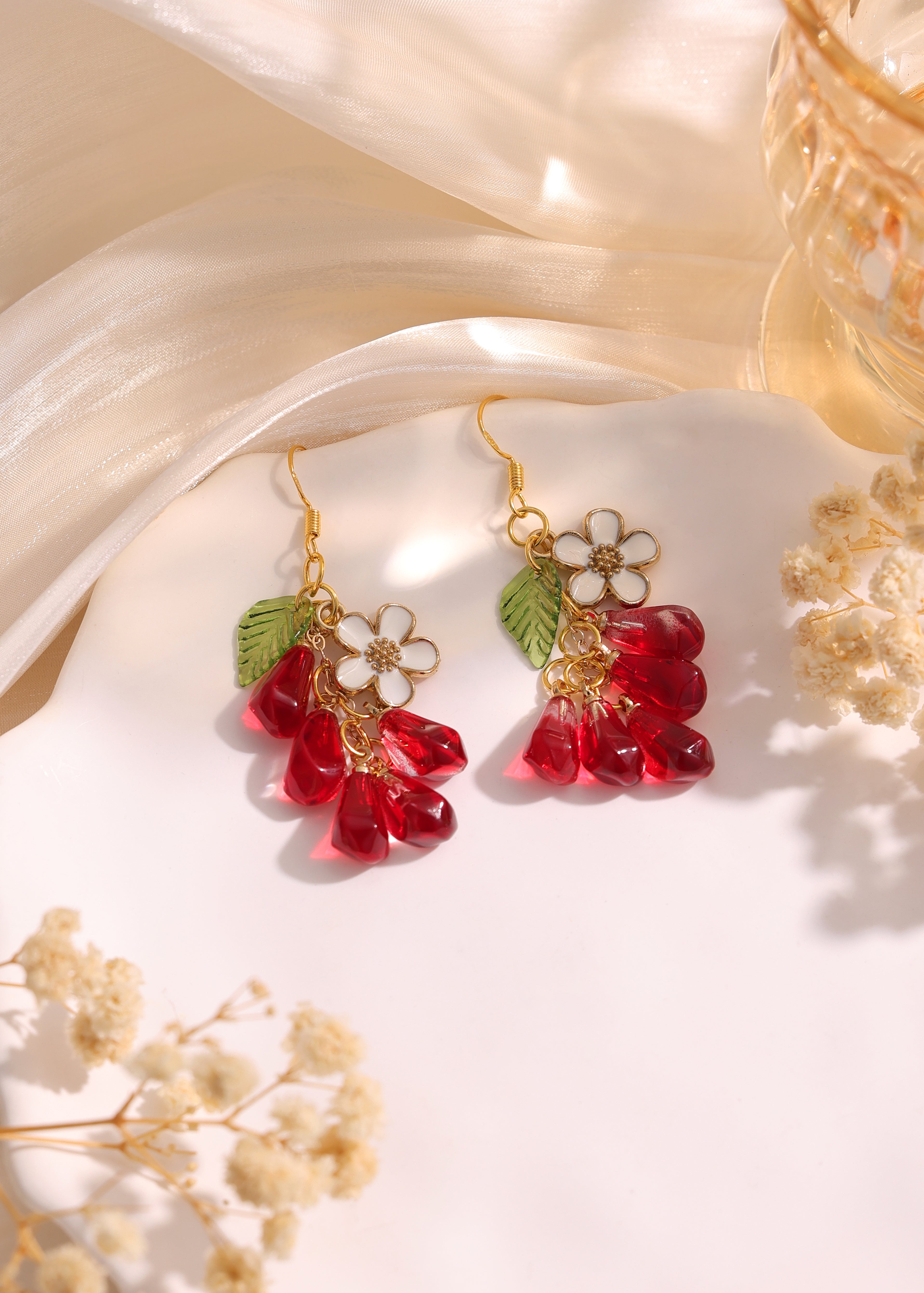 Pomegranate with white flower charm dangle earrings E259