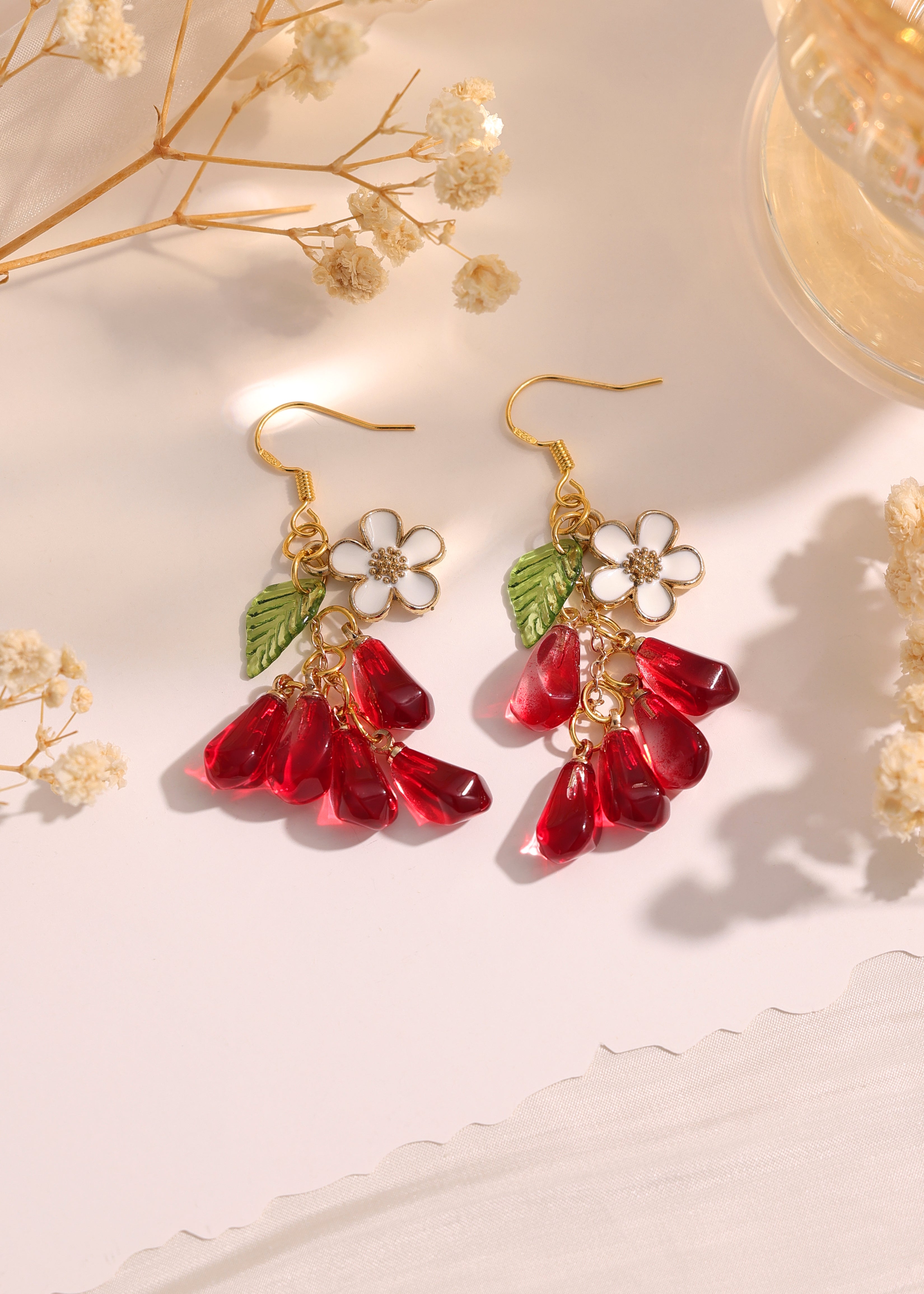 Pomegranate with white flower charm dangle earrings E259