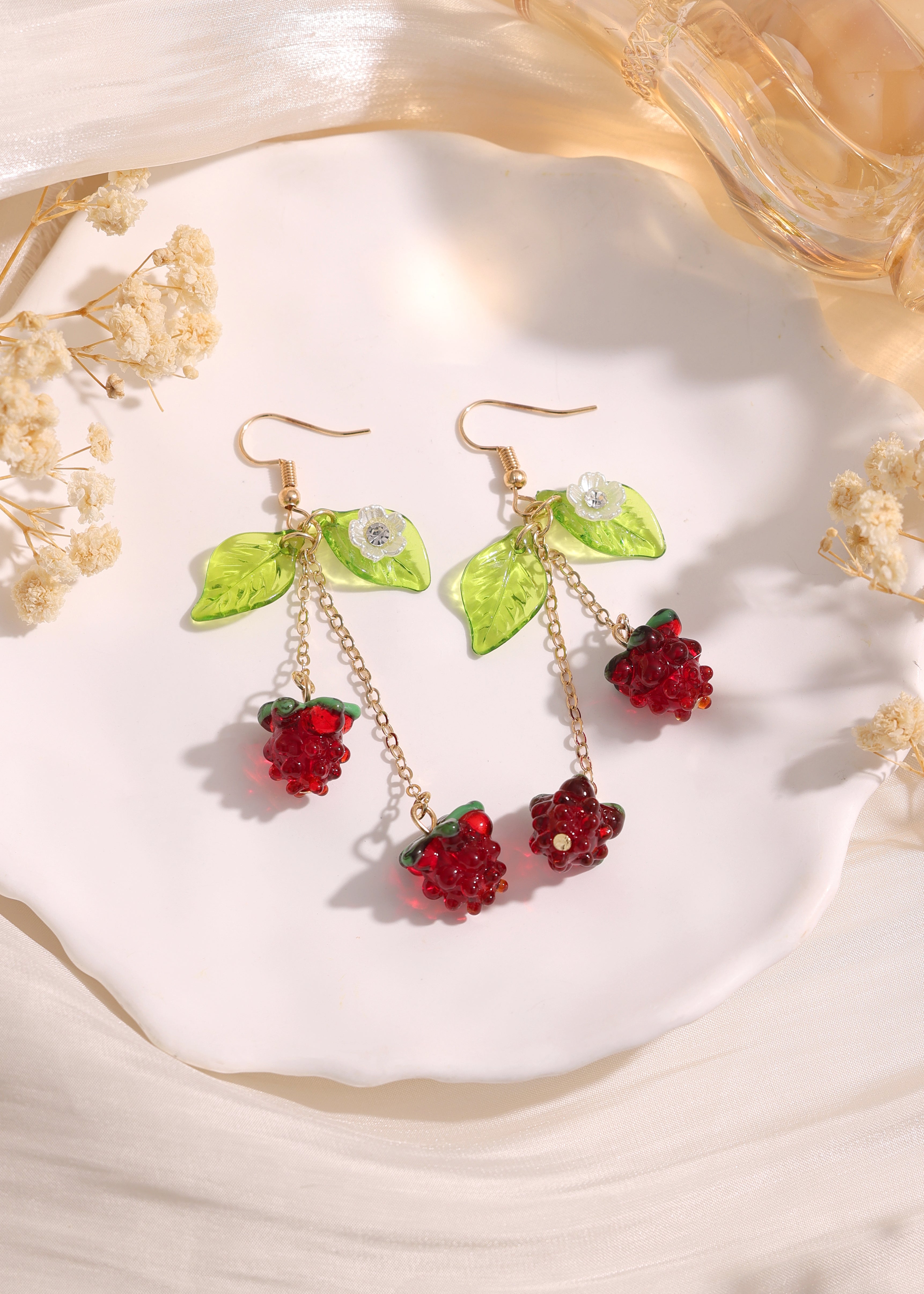 Duo Raspberry Fruit with Green Leaf dangle earrings E260