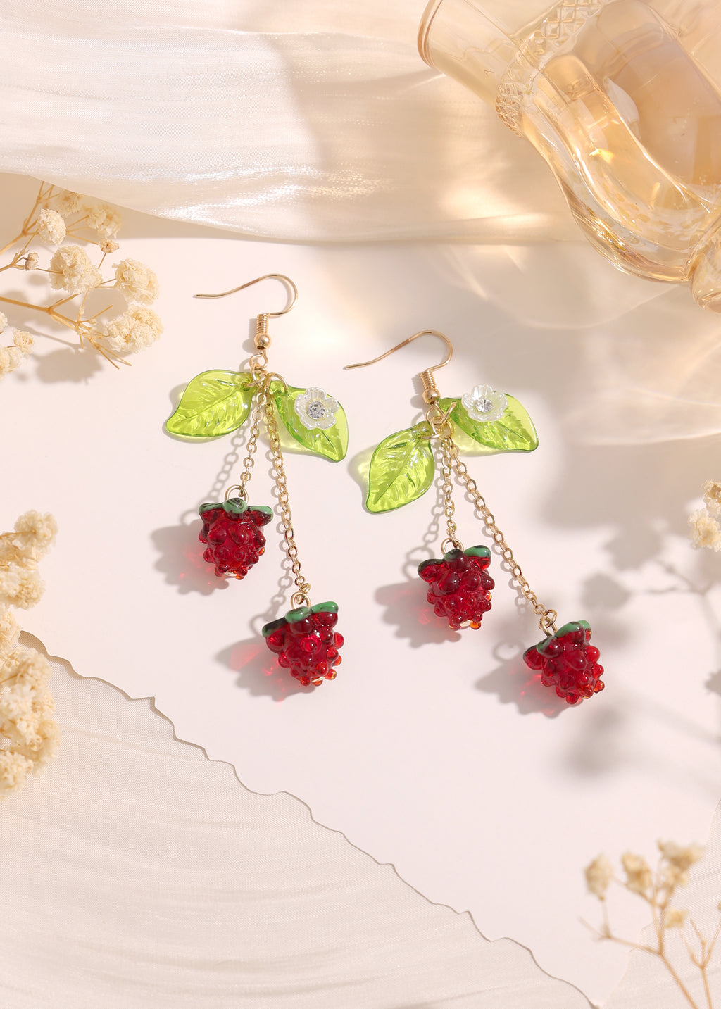 Duo Raspberry Fruit with Green Leaf dangle earrings E260