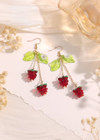 Duo Raspberry Fruit with Green Leaf dangle earrings E260