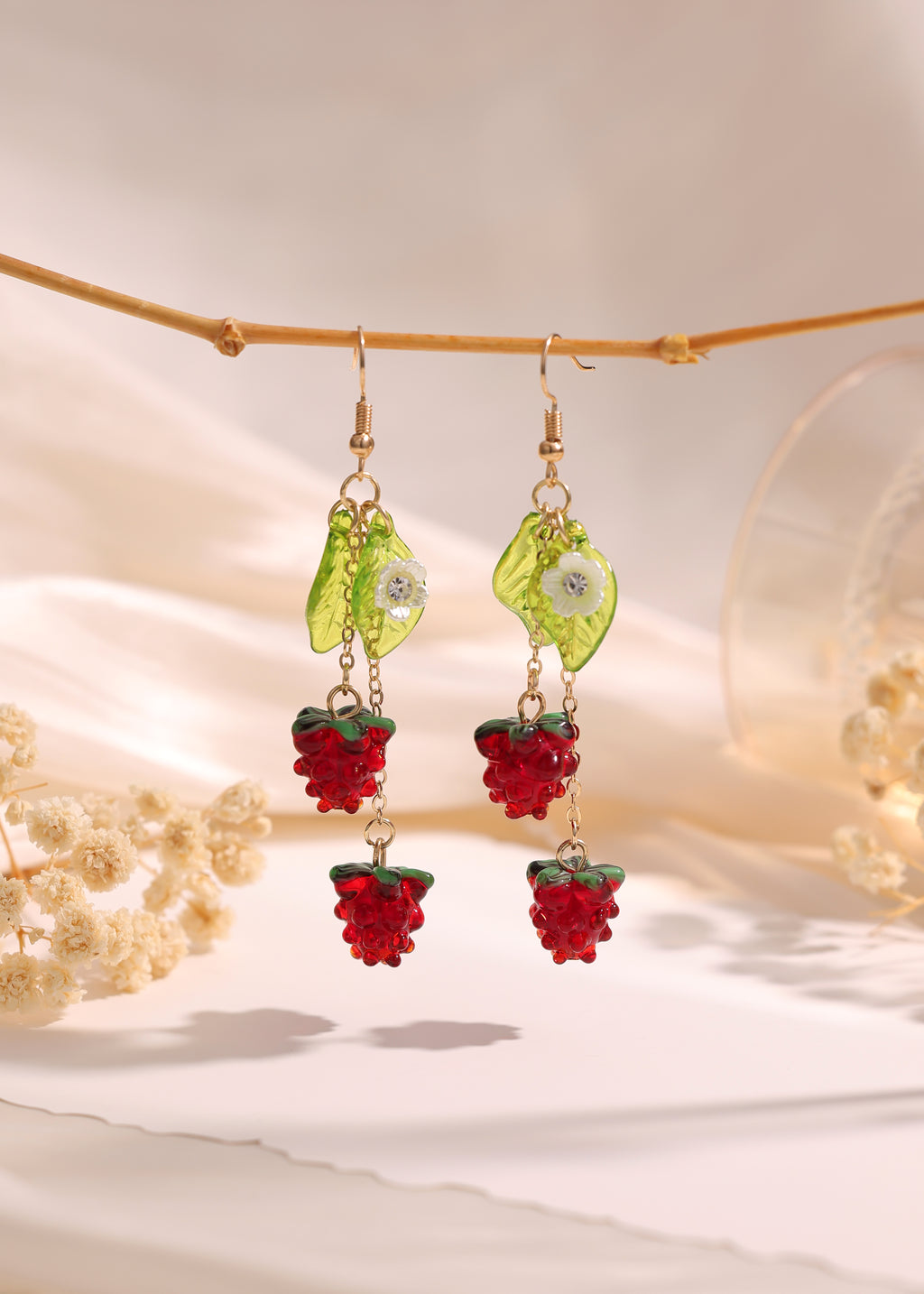 Duo Raspberry Fruit with Green Leaf dangle earrings E260