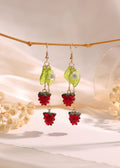 Duo Raspberry Fruit with Green Leaf dangle earrings E260
