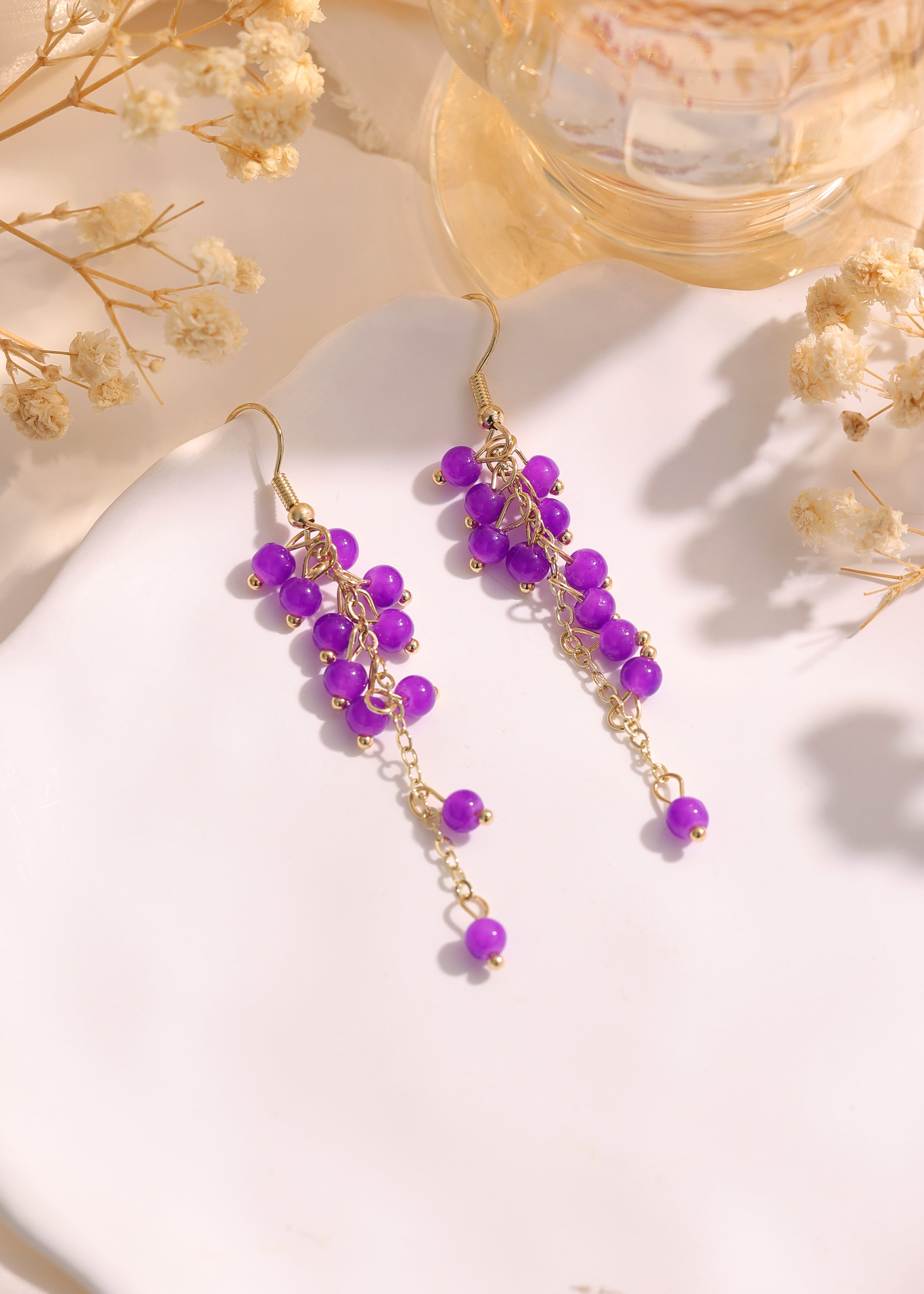 Purple cluster beads dangle earrings E273