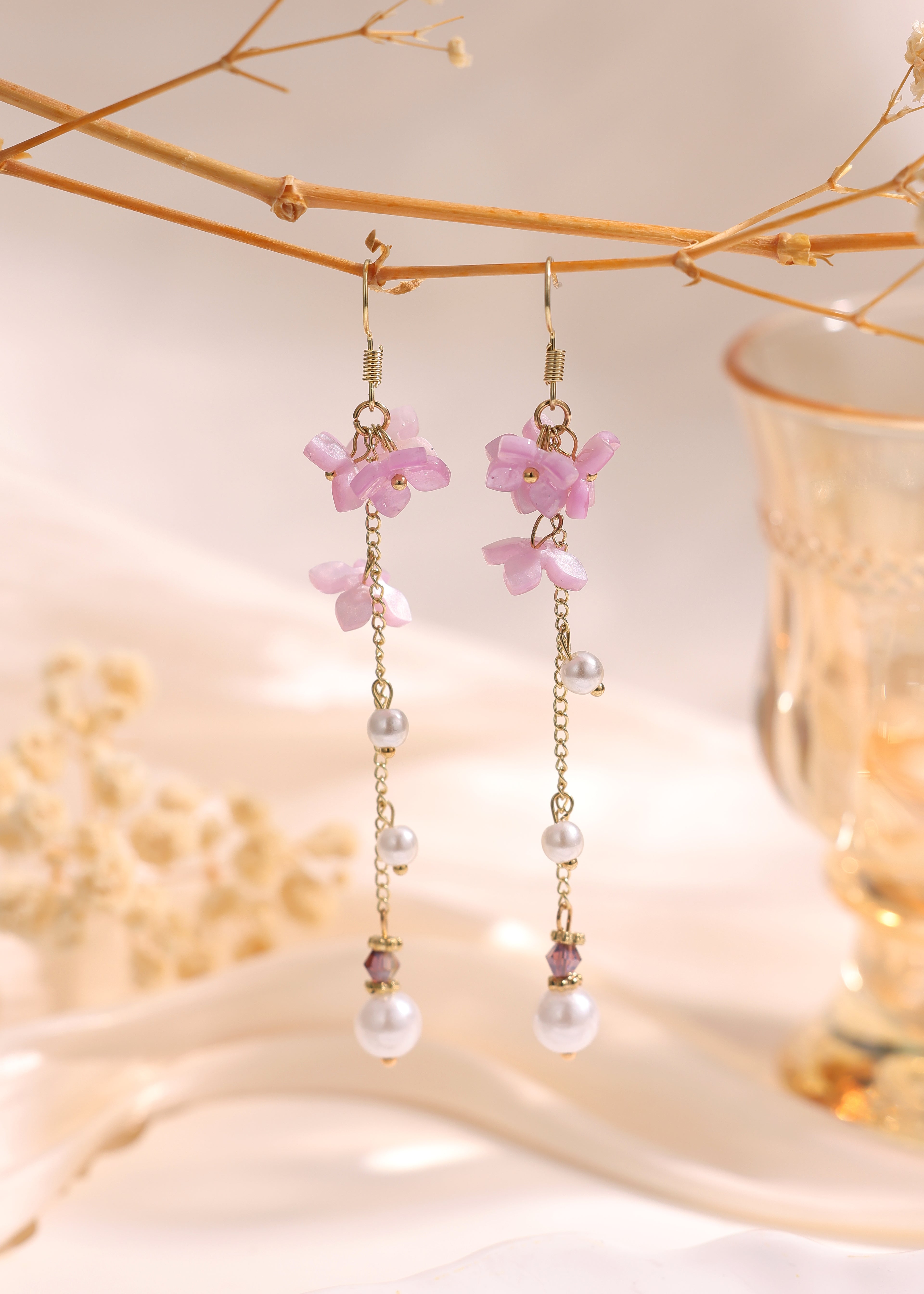 Purple cherry blossom pearl dangle earrings E270