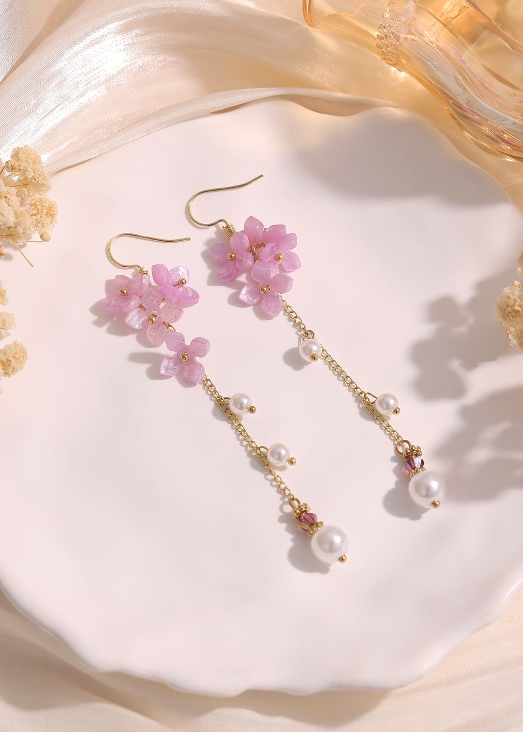 Purple cherry blossom pearl dangle earrings E270