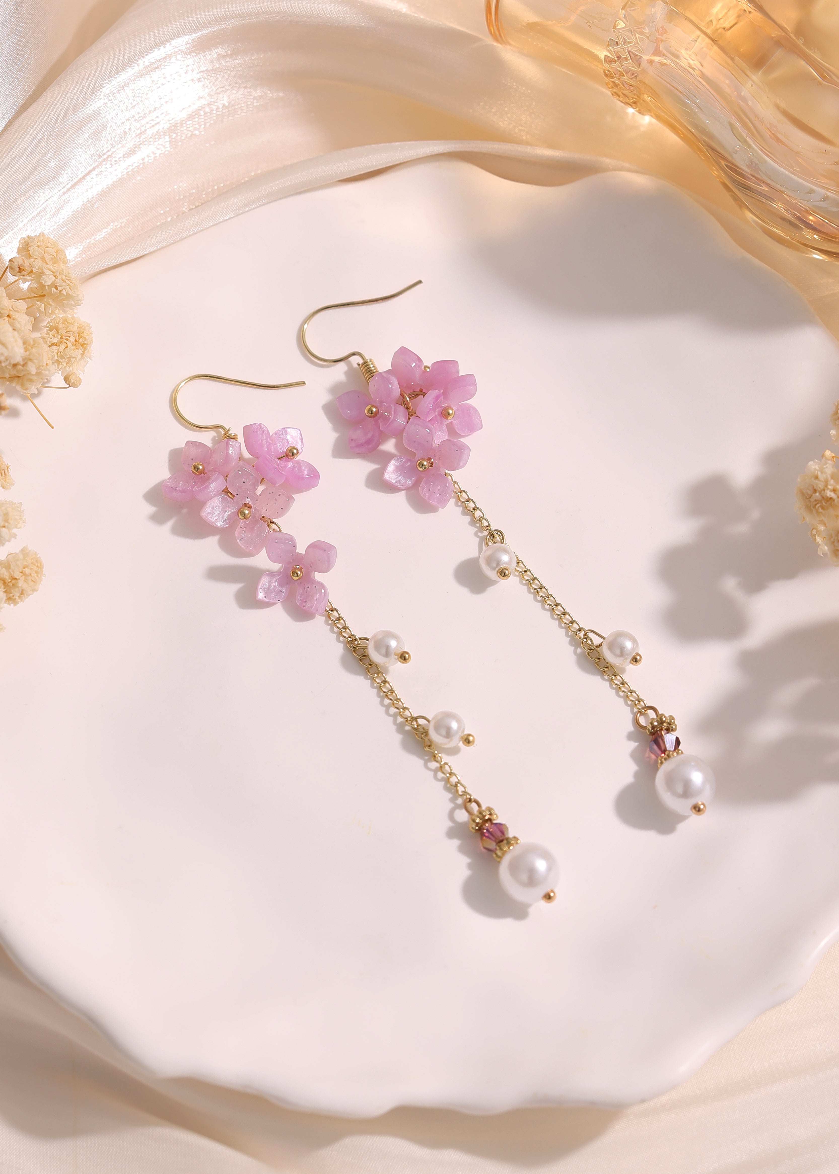 Purple cherry blossom pearl dangle earrings E270