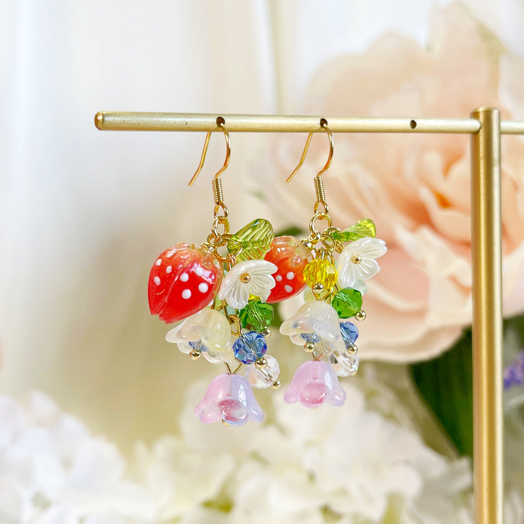 Colorful lily of the valley flower & strawberry dangle earrings E203