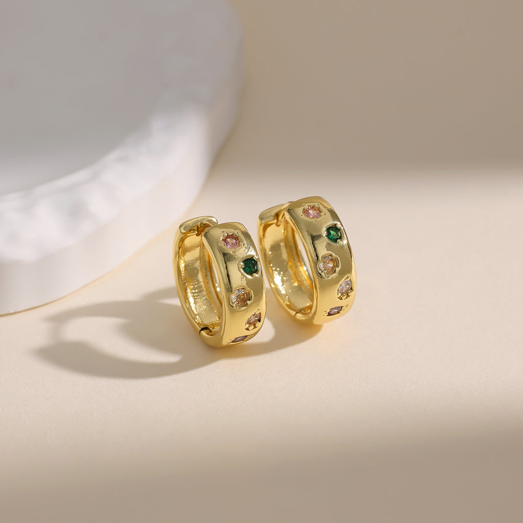 Color gemstone chunky Gold Huggie Hoop Earrings E248