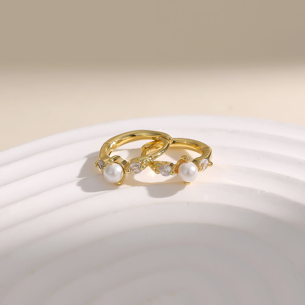 Dainty gold pearl cz huggie hoop earrings E250