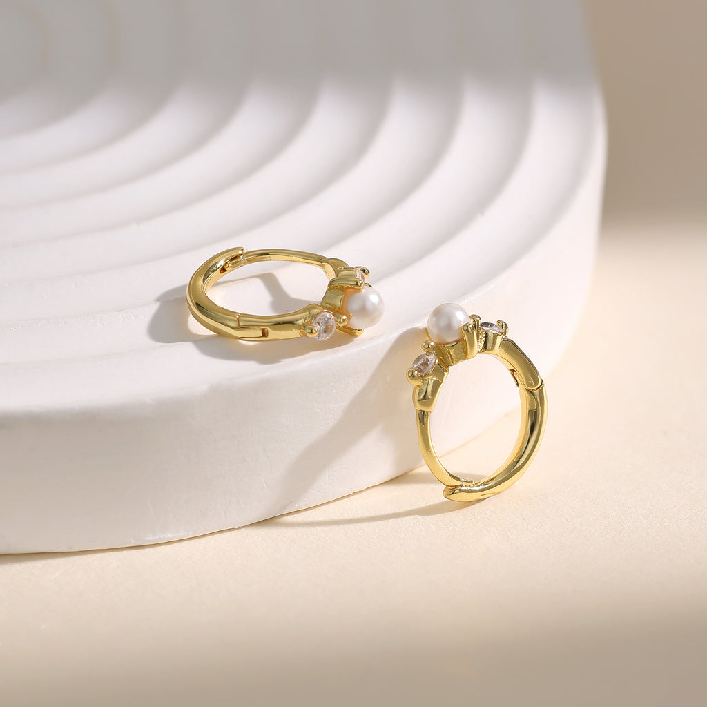 Dainty gold pearl cz huggie hoop earrings E250