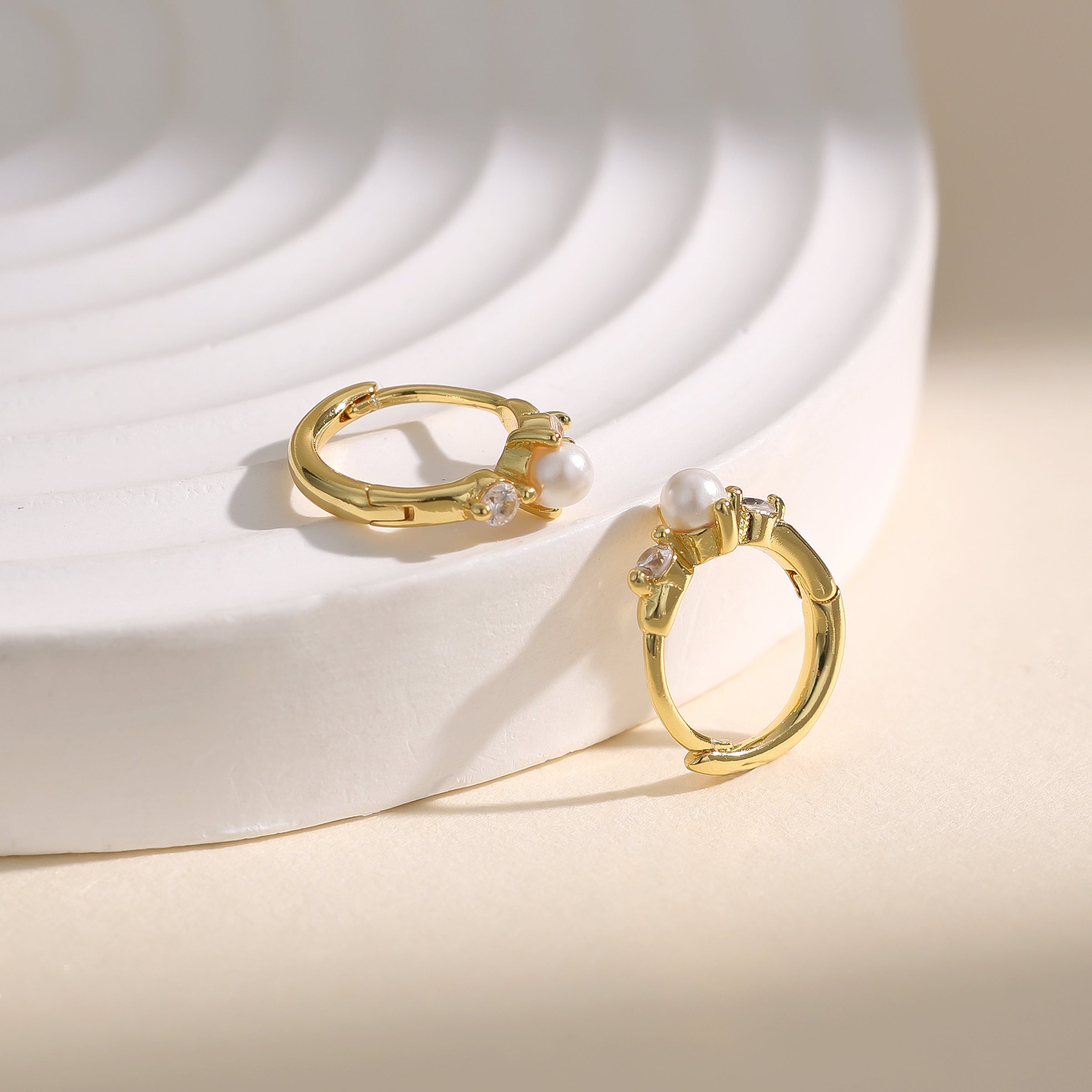 Dainty gold pearl cz huggie hoop earrings E250