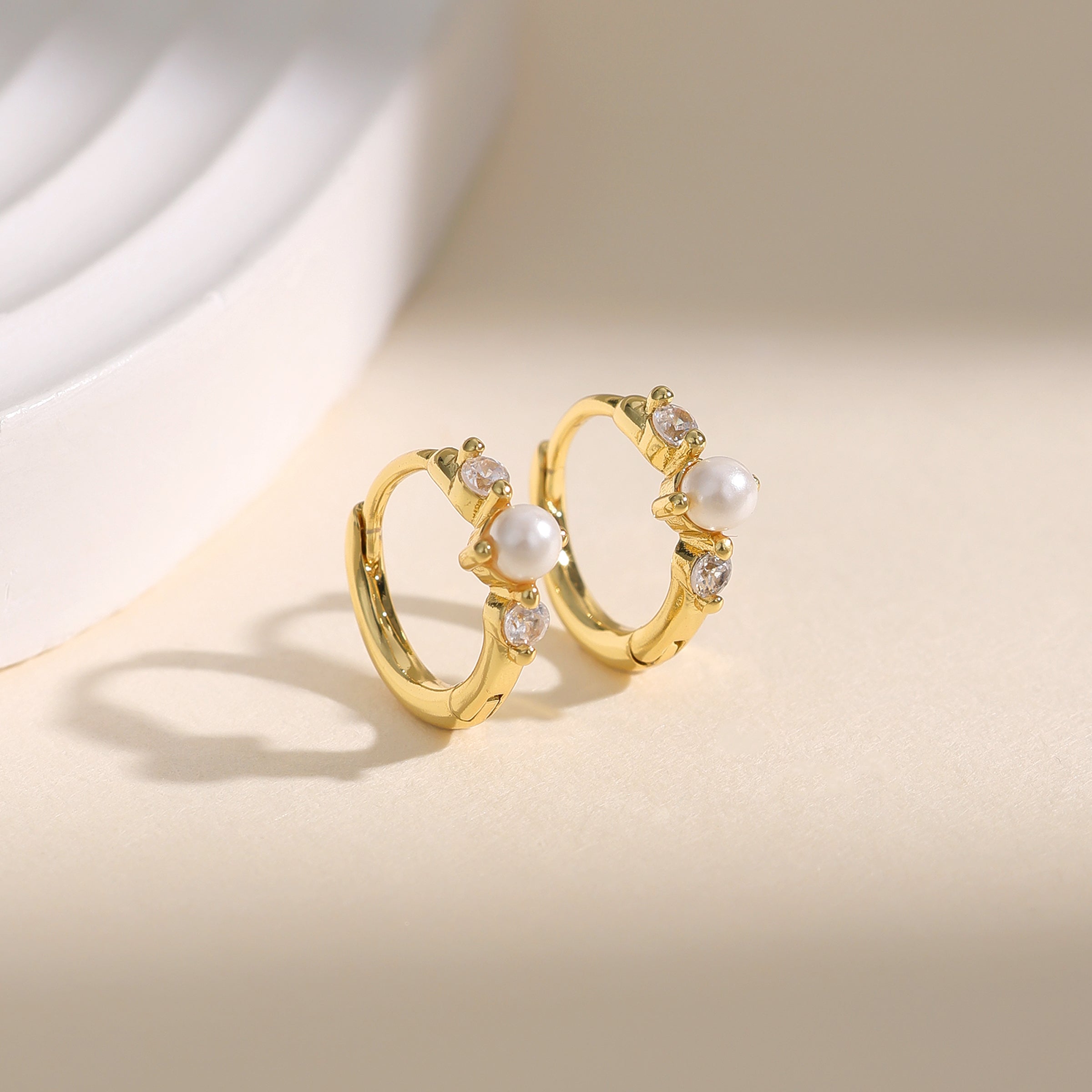 Dainty gold pearl cz huggie hoop earrings E250
