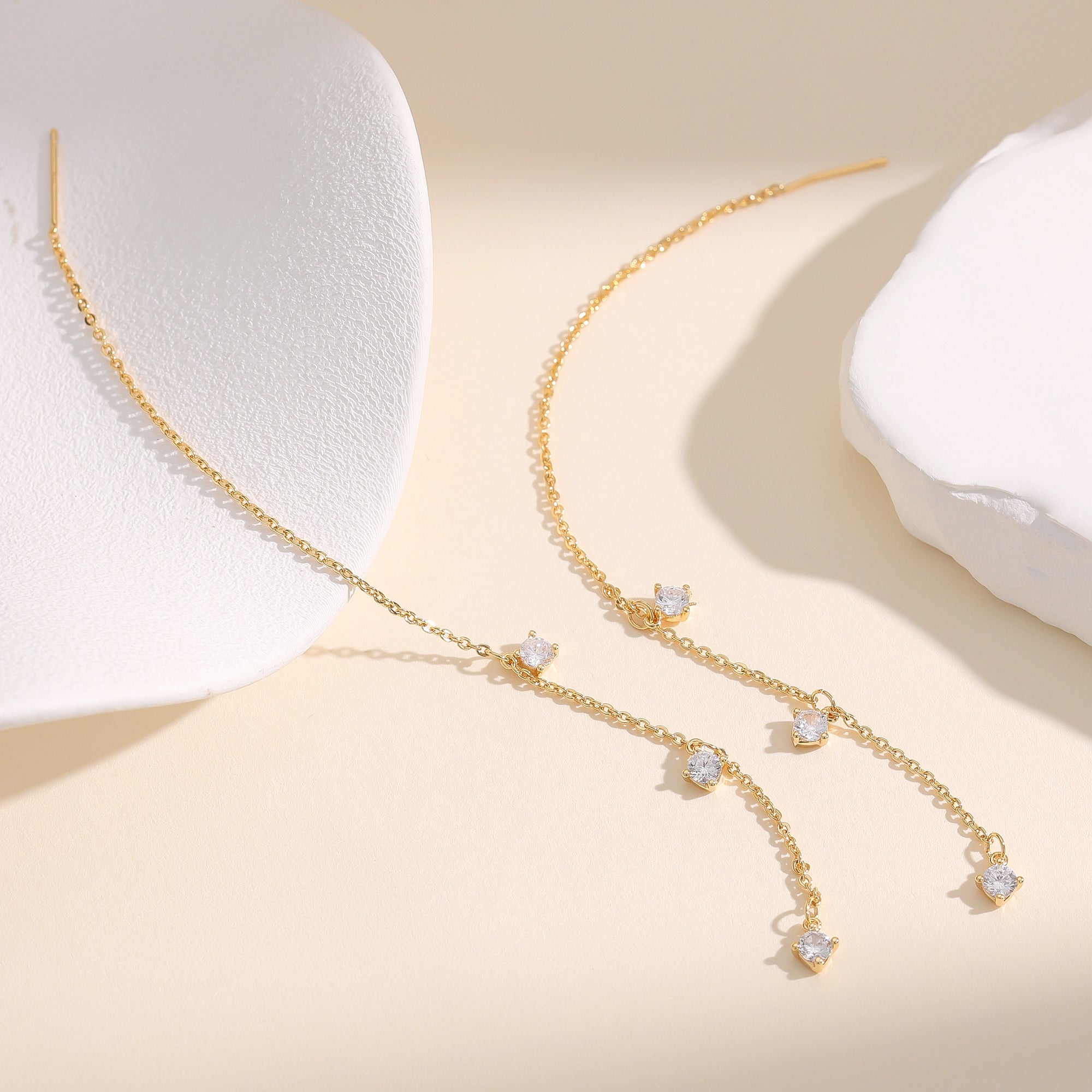 Gold CZ Chain Threader Dangle Earrings E252