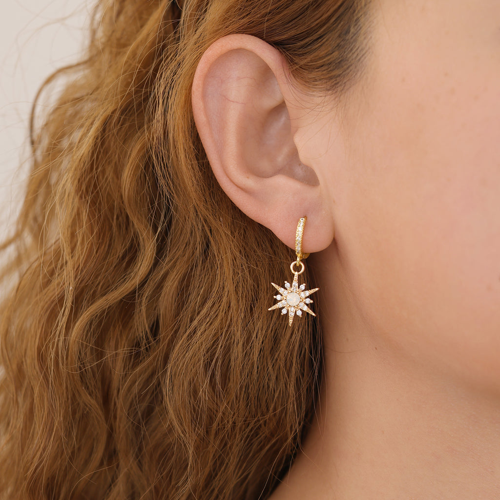 Gold Plated Opal Starburst Drop Huggie Hoop Earrings For Women E145