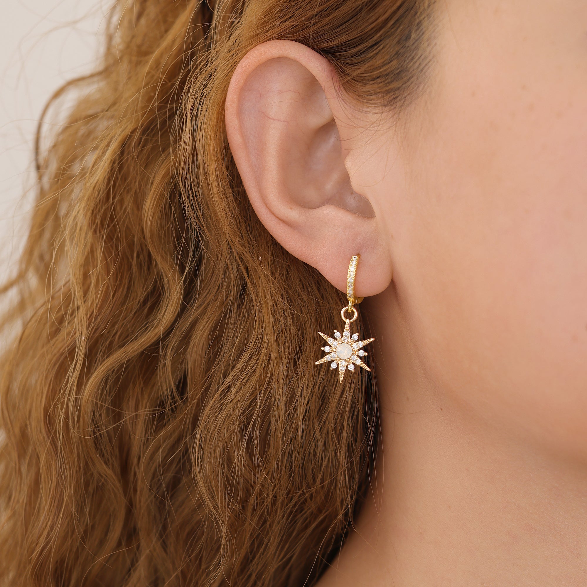 Gold Plated Opal Starburst Drop Huggie Hoop Earrings For Women E145