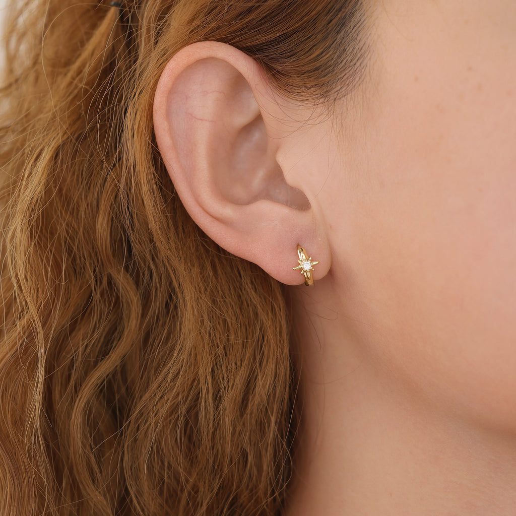 Gold Starburst Huggie Hoop Earrings with Cubic Zirconia for Women E168