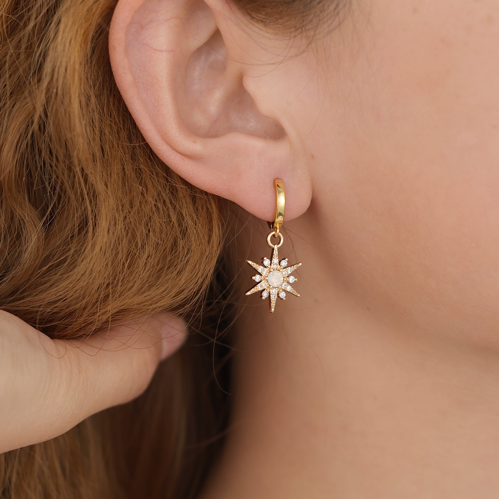 Gold Plated Opal Starburst Drop Huggie Hoop Earrings For Women E145
