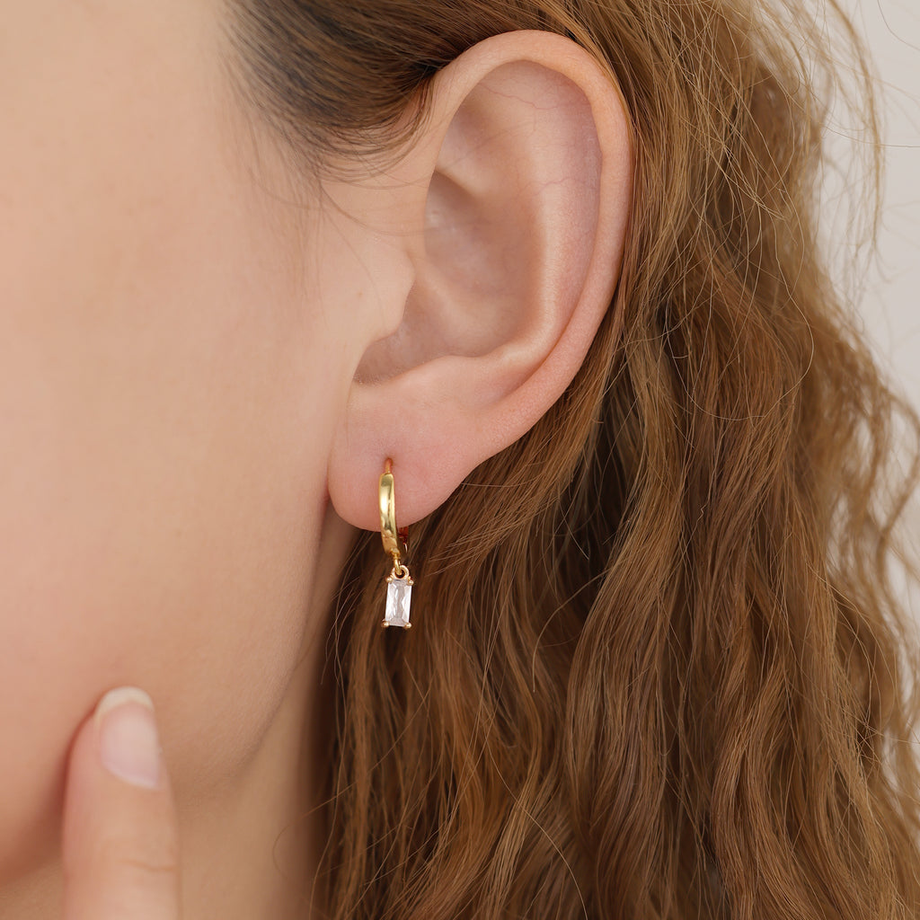 Gold Huggie Hoop Dainty Cubic Zirconia Baguette Earrings E166