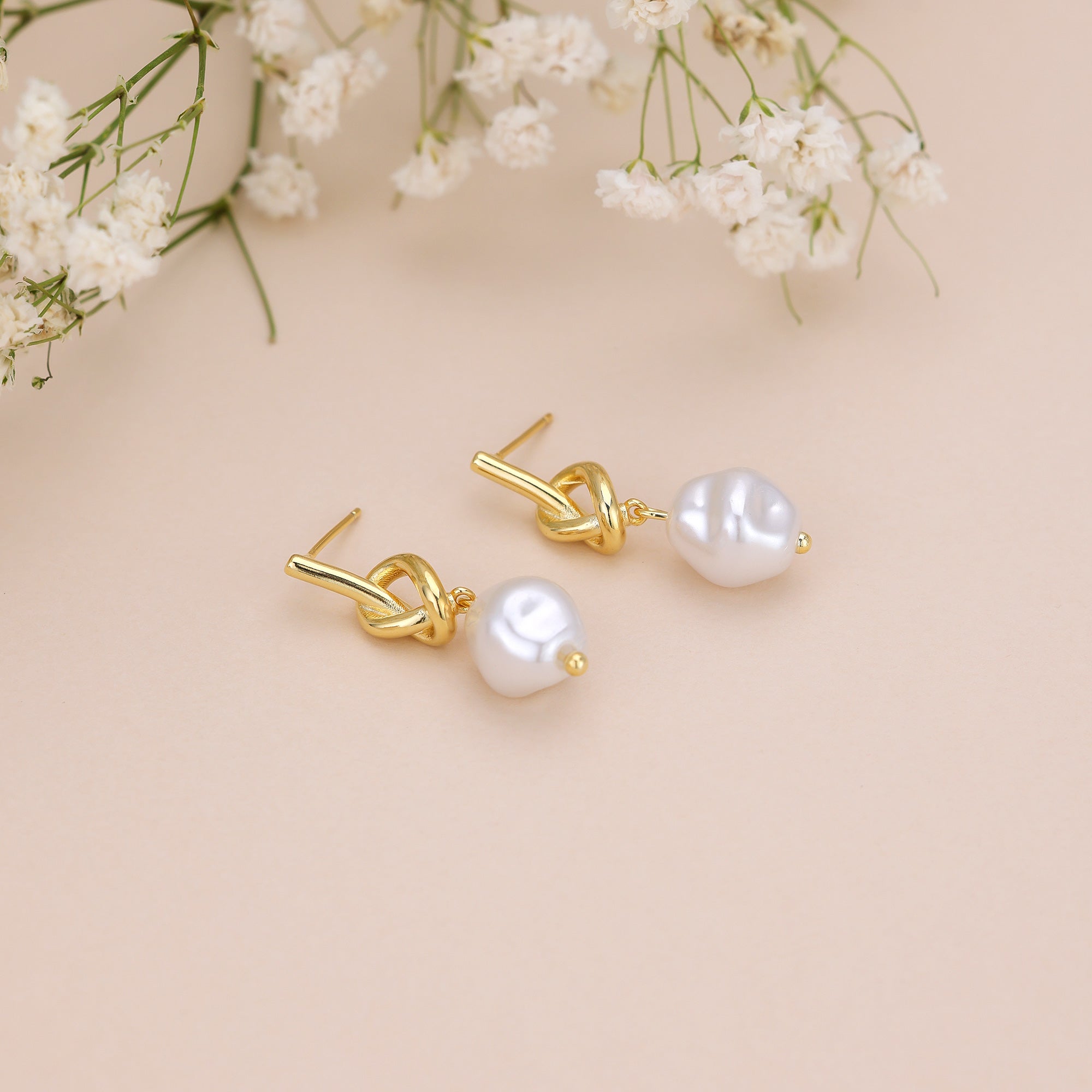 Gold Love Knot Dangle Pearl Earrings E161