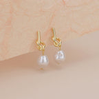 Gold Love Knot Dangle Pearl Earrings E161