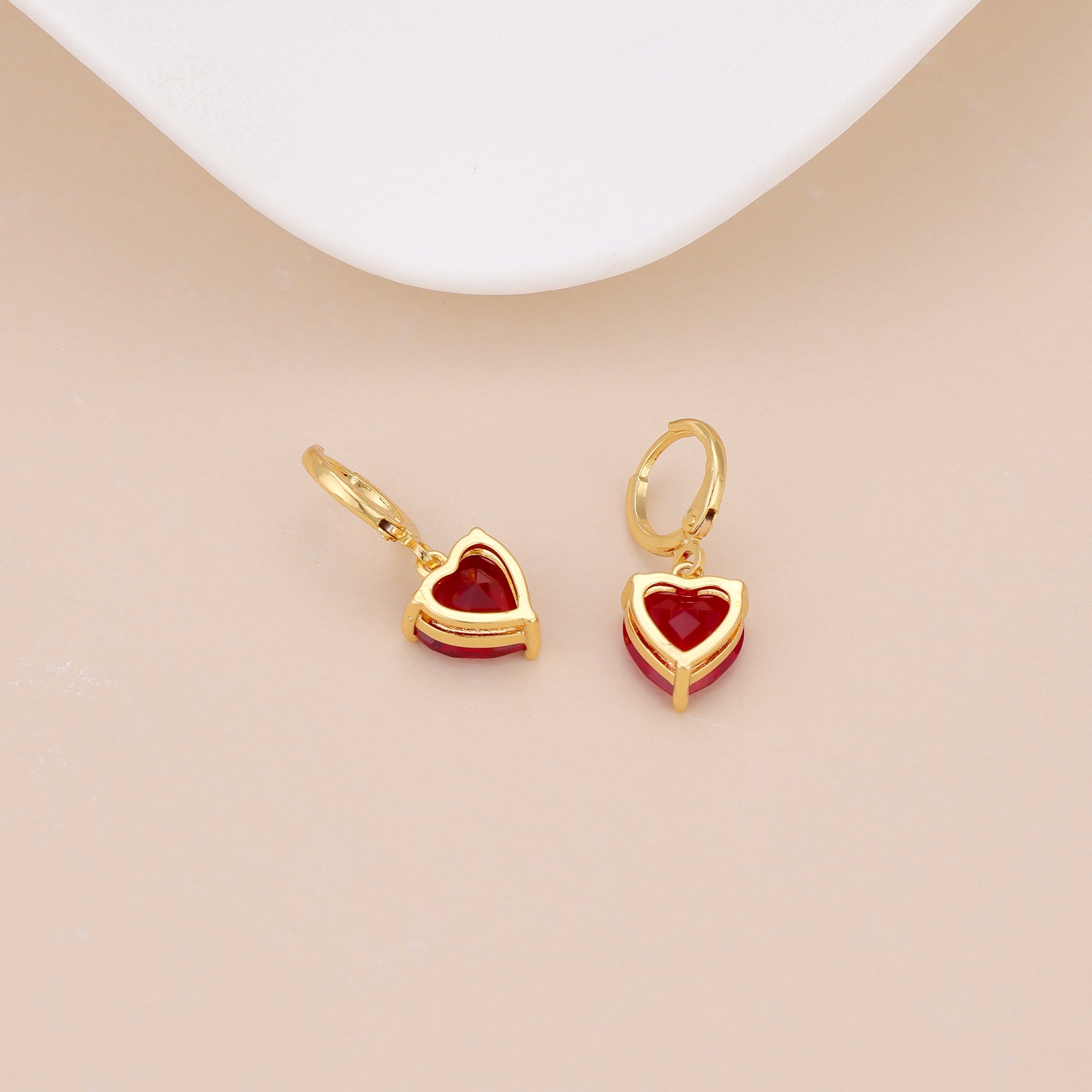 Gold Plated Red Heart Drop Huggie Hoop Earrings For Women E149