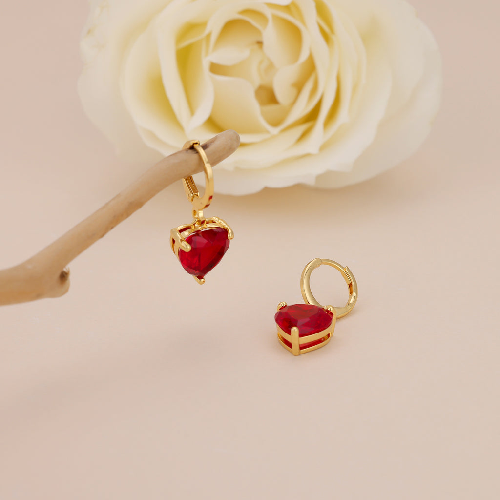 Gold Plated Red Heart Drop Huggie Hoop Earrings For Women E149