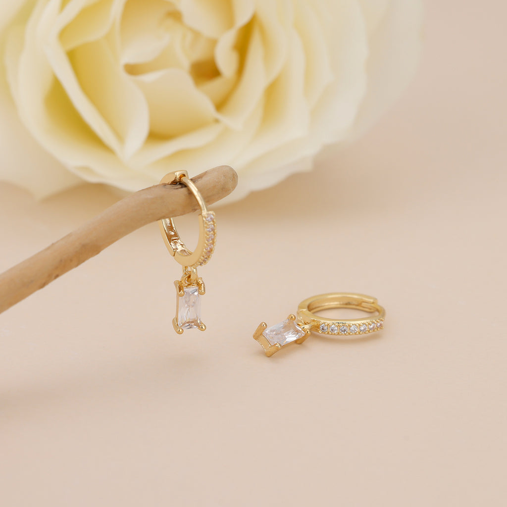 Gold Baguette CZ Drop Pave Huggie Hoop Earrings For Women E143