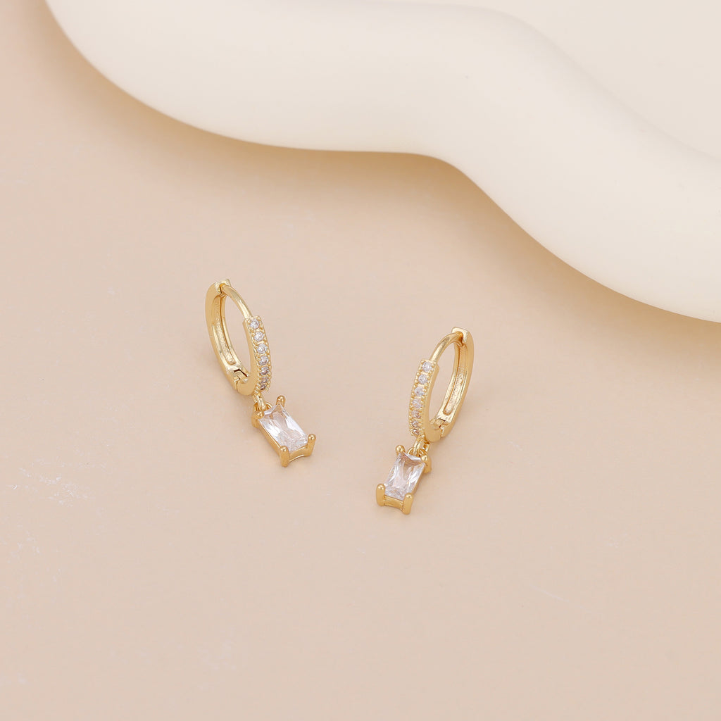 Gold Baguette CZ Drop Pave Huggie Hoop Earrings For Women E143